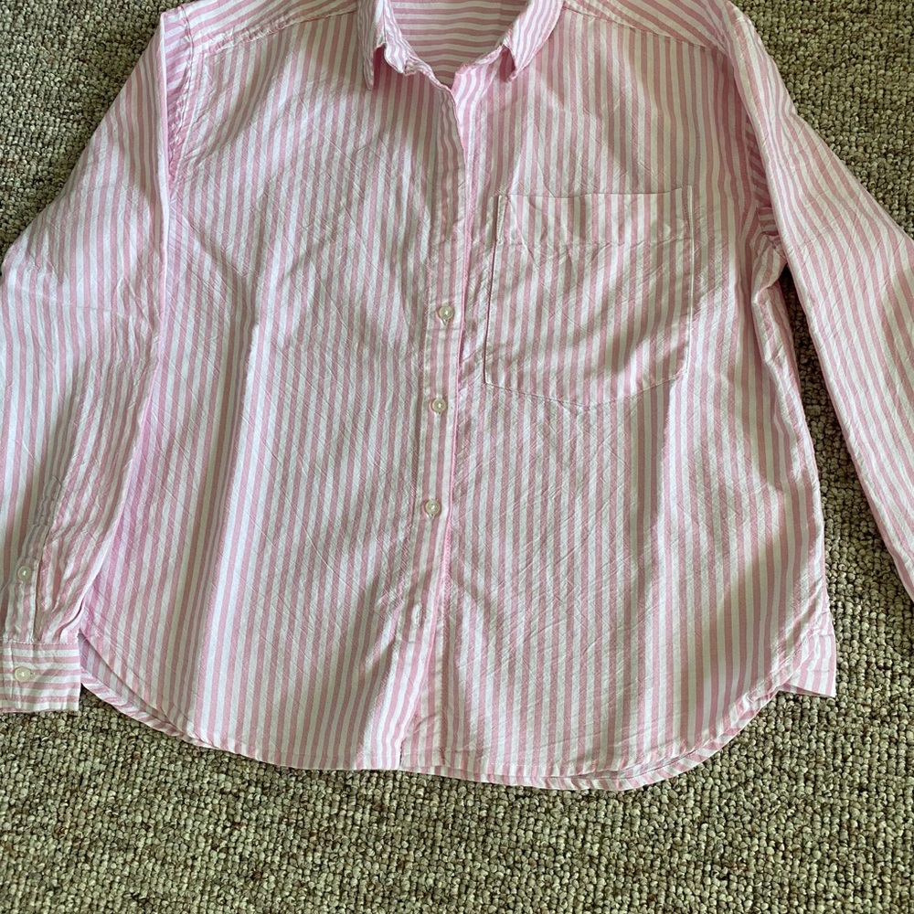 beachlunchlounge Pink and White Striped Collared Shirt
